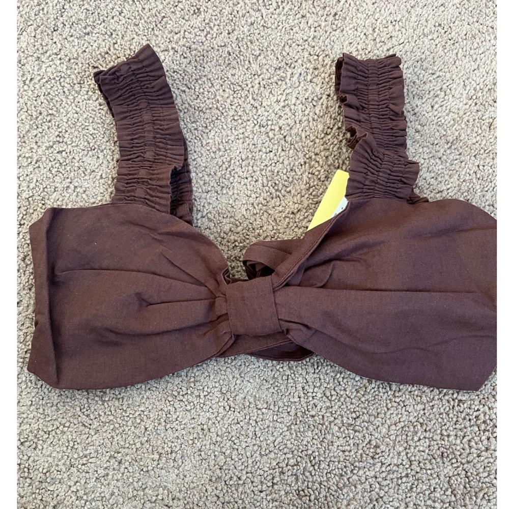 Charlie Holiday Diana Chocolate Brown Linen Blend Smocked Bow Crop Top S (4) NEW - Picture 5 of 10